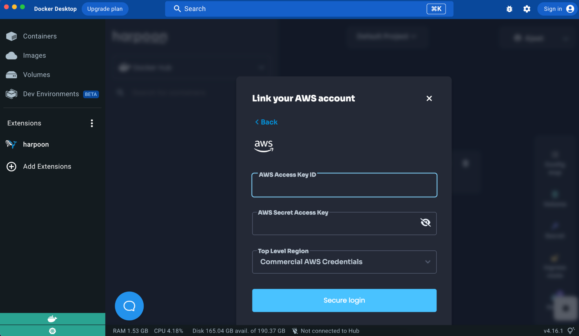 Link your AWS account to deploy Kubernetes with harpoon through Docker Desktop.