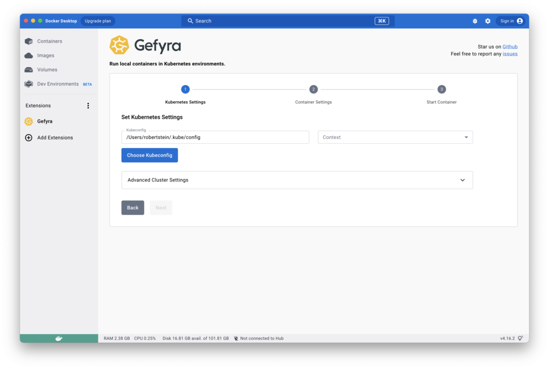 The gefyra extension setup process in docker desktop, including kubernetes settings, container settings, and container start.