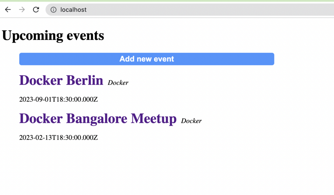 Screenshot of display showing upcoming events, with example docker events in berlin and bangalore.