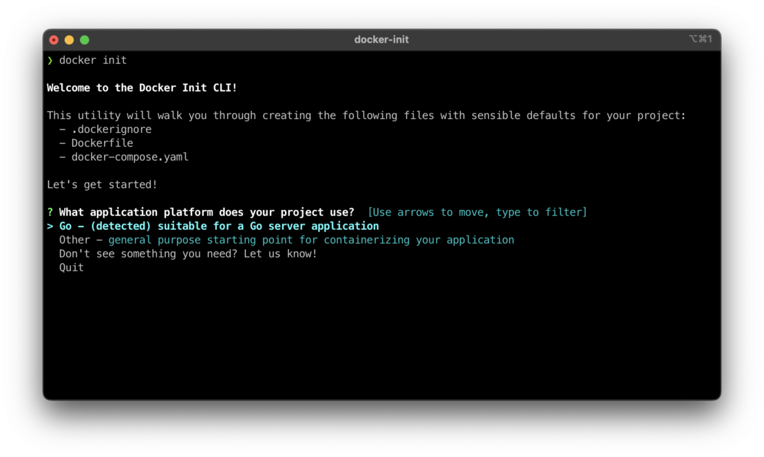 A screenshot of the output for Beta command 'docker init' with Welcome to the Docker Init CLI! displayed