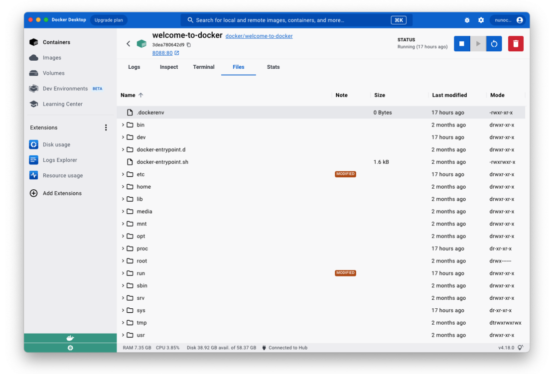 A screenshot of the docker desktop interface with the new container file explorer feature from the containers tab.