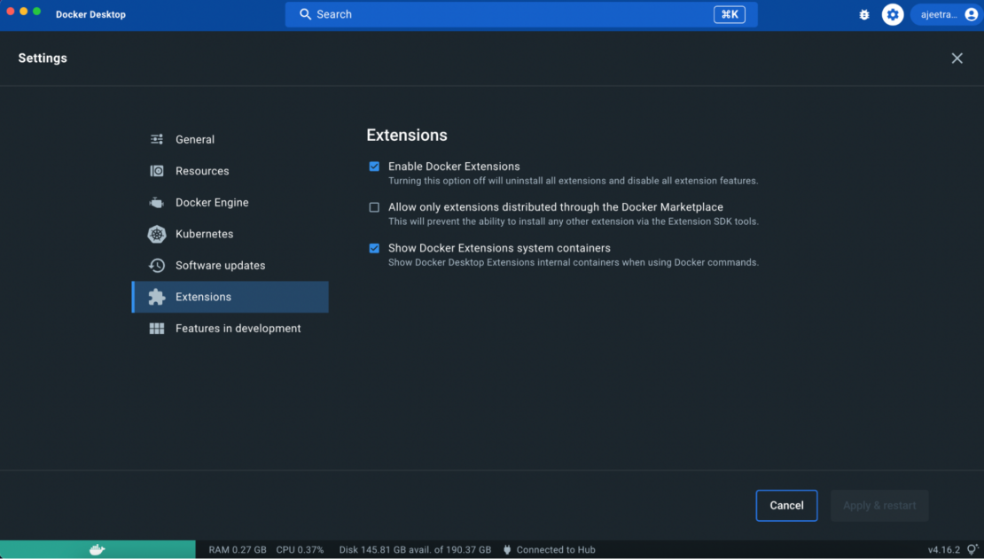 docker desktop extensions settings