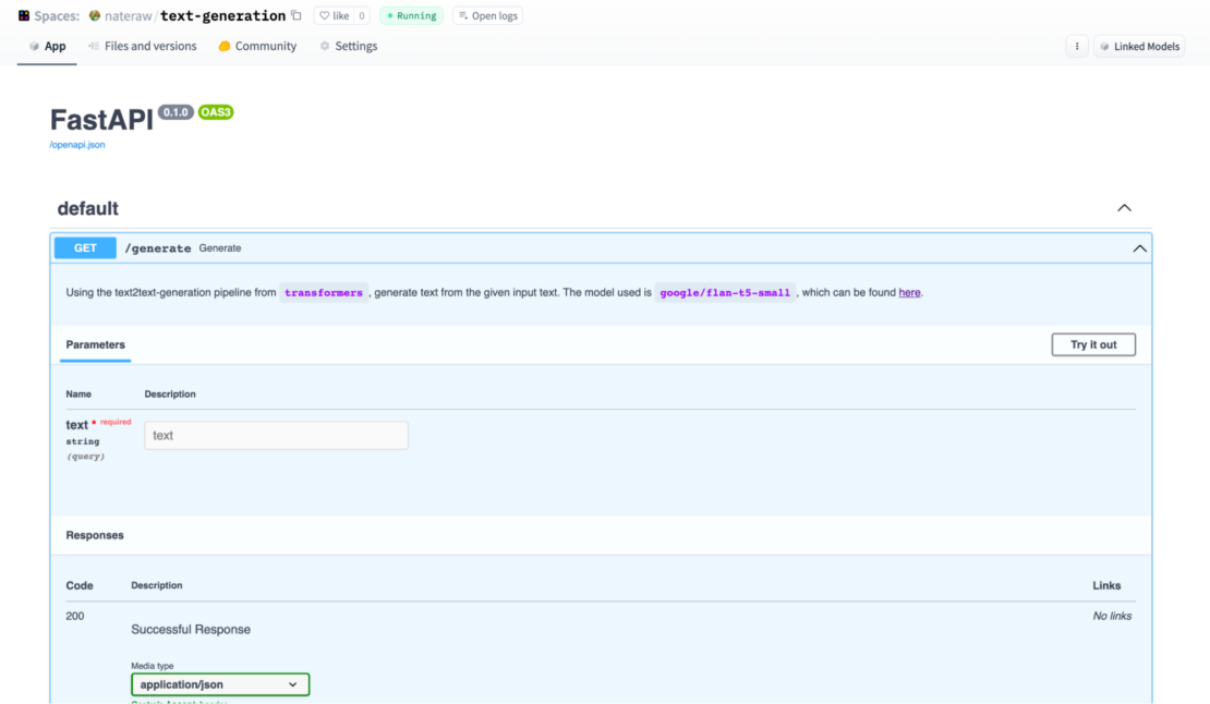 Screenshot of fastapi showing "try it out! " option on the right-hand side.