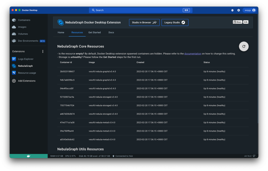 Nebulagraph resources docker desktop