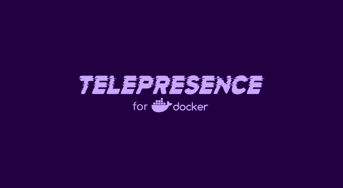 Telepresence log with docker logo on a dark purple background