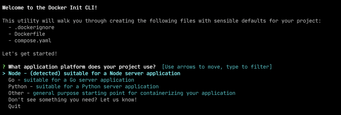 Docker init cli welcome message that says this utility will walk you through creating the following files with sensible defaults for your project:. Docker ignore, dockerfile, and compose. Yaml.