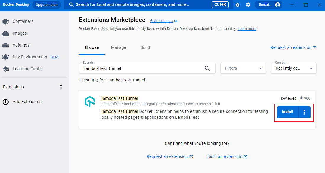 Screen shot of Extensions Marketplace, showing blue Install button for LambdaTest Tunnel.