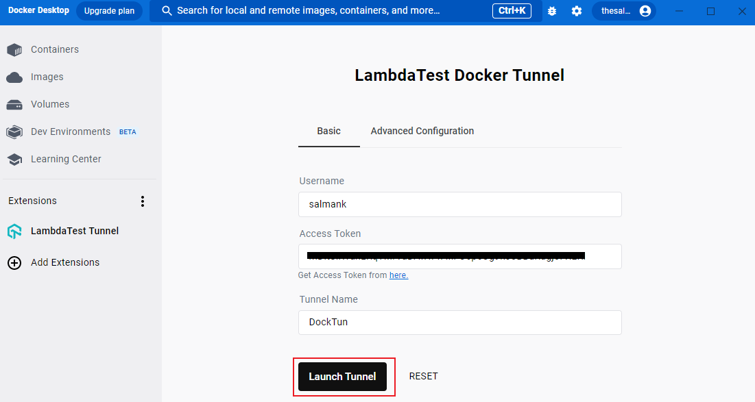 Screenshot of lambdatest docker tunnel page with black "launch tunnel" button.