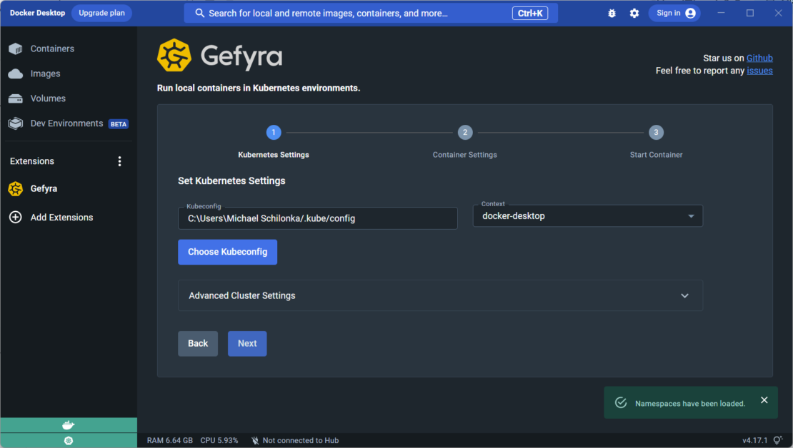 Screenshot of Gefyra interface showing the "Set Kubernetes Settings" step.