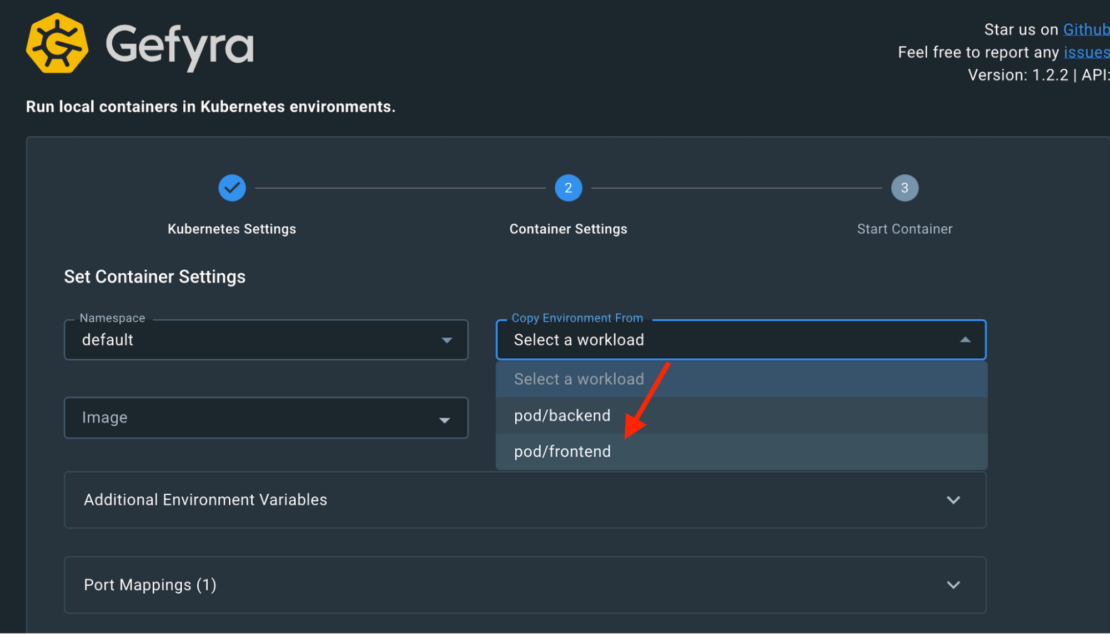 Screenshot of gefyra interface showing "select a workload" drop-down menu under container settings.