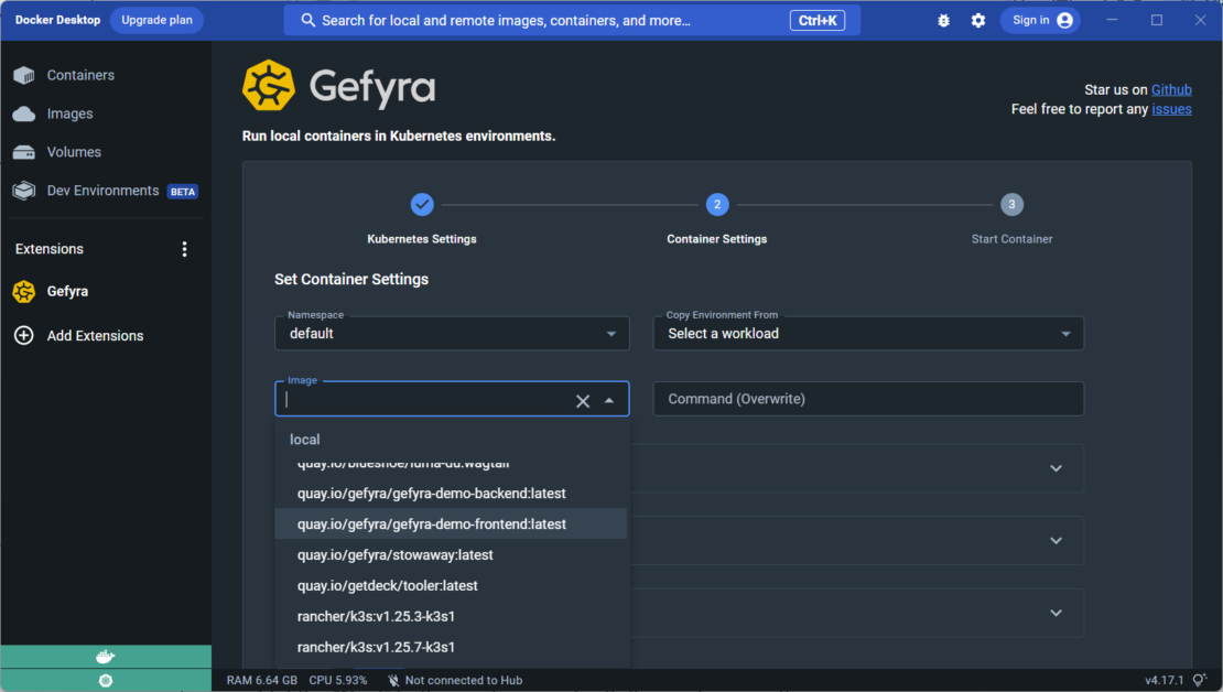 Screenshot of gefyra interface showing drop-down menu of images.