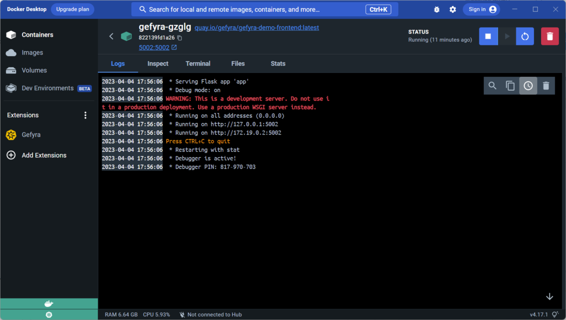 Screenshot showing native container view of docker desktop.
