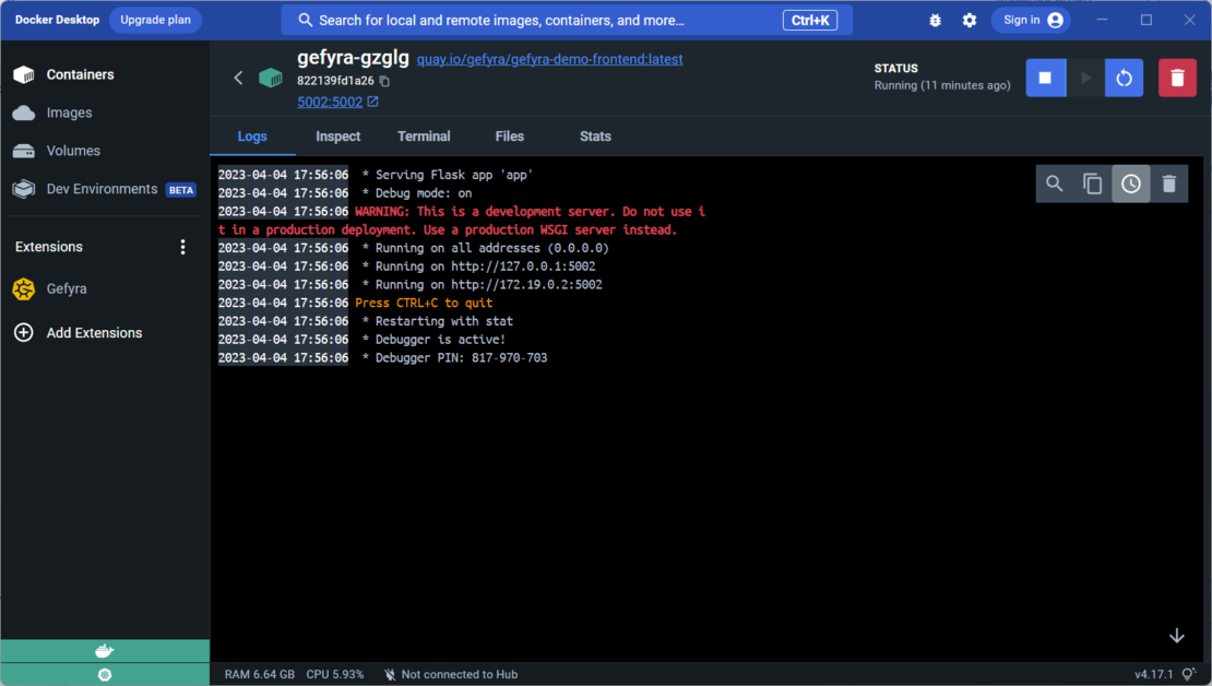 Screenshot showing native container view of Docker Desktop.