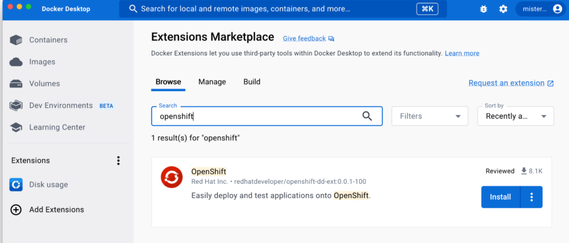 Screenshot of docker extensions marketplace showing search for openshift