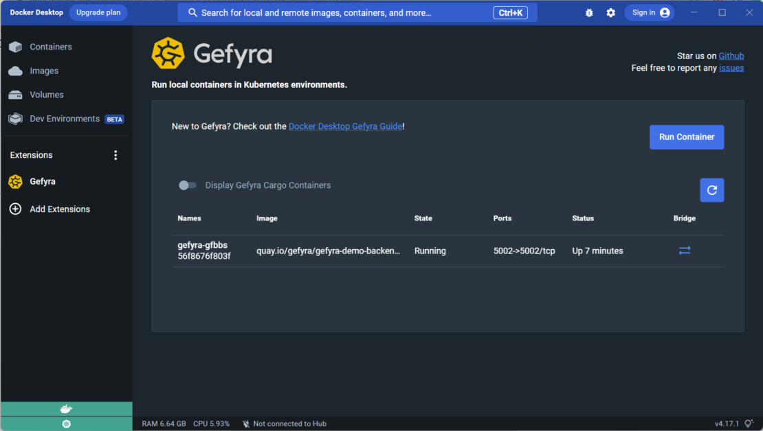 Screenshot of gefyra interface showing "bridge" column on far right.