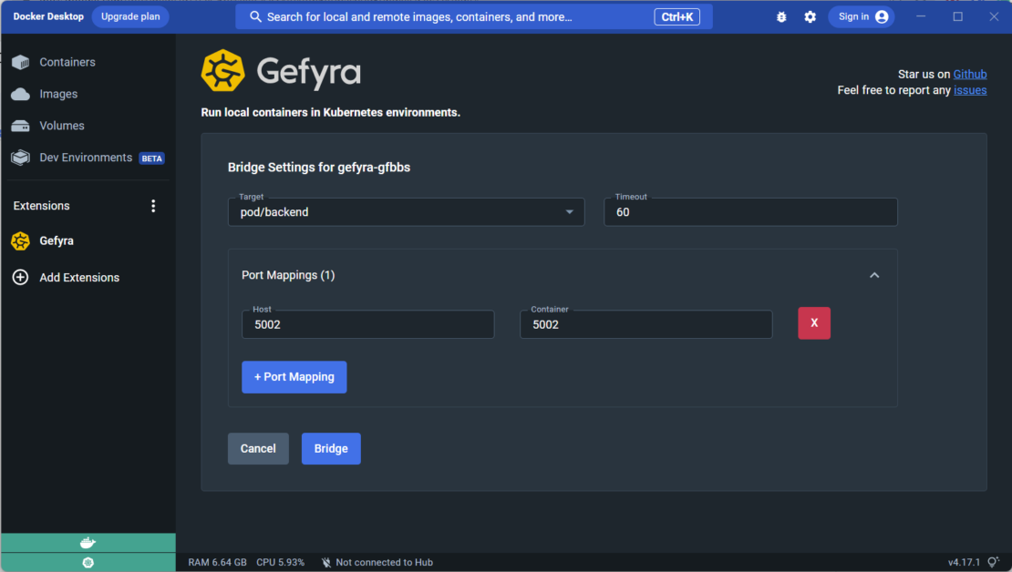 Screenshot of Gefyra interface showing Bridge Settings.