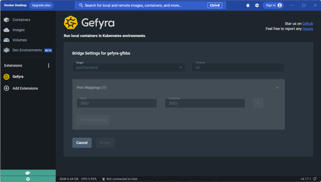 Screenshot of gefyra interface showing port mapping configuration.