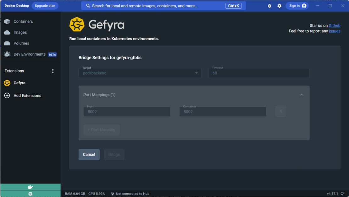  Screenshot of Gefyra interface showing port mapping configuration.