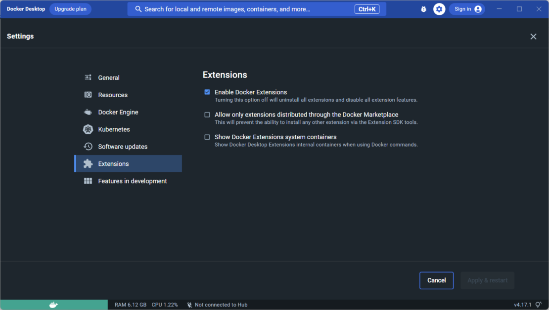 Screenshot showing docker desktop interface with "enable docker extensions" selected.