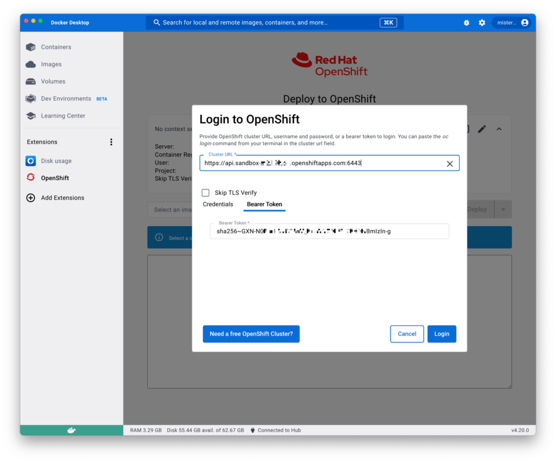 Screenshot of "Login to OpenShift" dialog box