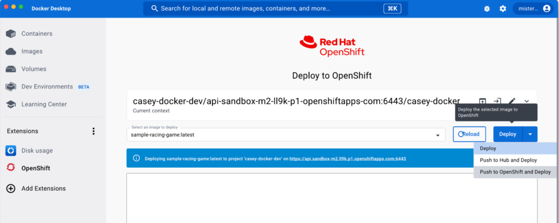 Screenshot of deploy to openshift page with sample-racing-game selected for deployment
