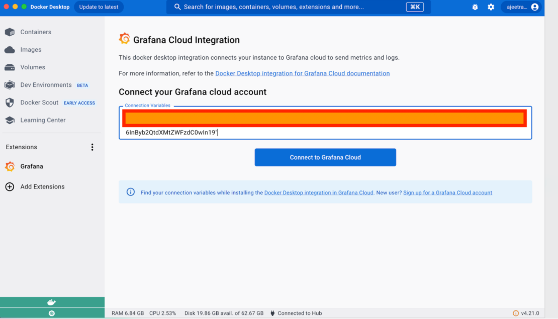 Screenshot showing connection of docker desktop extension to grafana cloud.