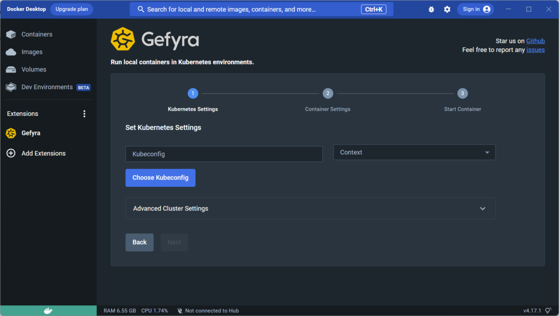 Screenshot of gefyra interface showing blue "choose kubeconfig" button.