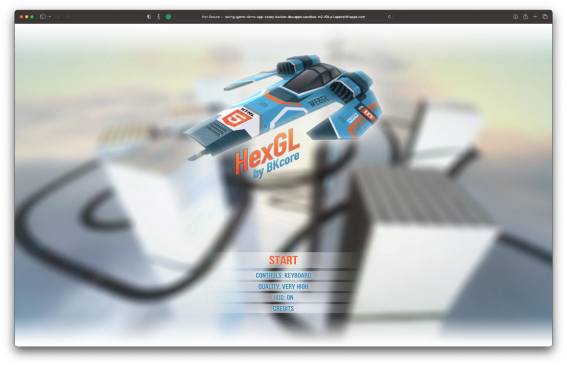 Screenshot of racing game demo app start page with blue and orange racing graphic