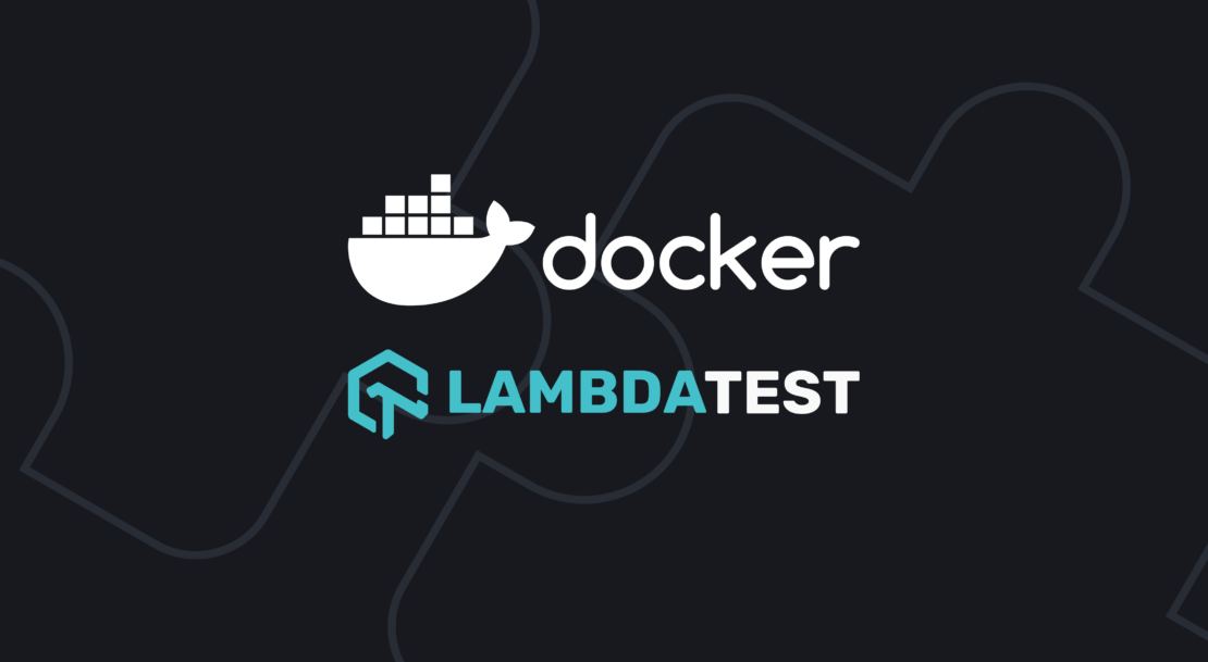 White Docker logo on black background with LambdaTest logo in blue