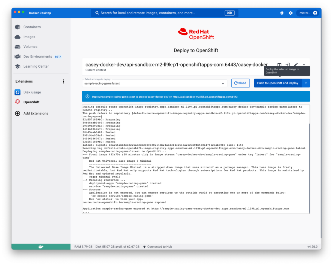 Screenshot of Deploy to OpenShift page showing deployment progress for sample-racing-game