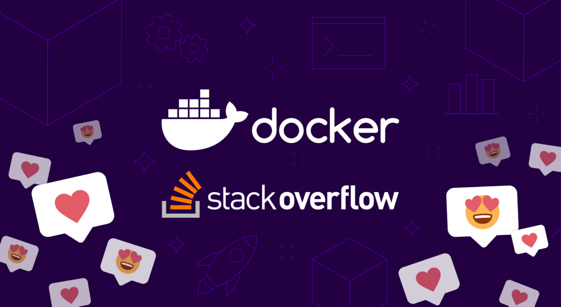 Docker logo and stack overflow logo with heart emojis in chat windows