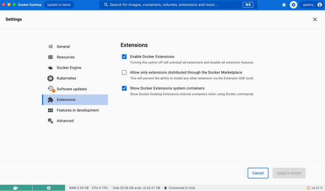 Screenshot of docker desktop showing "enable docker extensions" selected with blue checkmark.