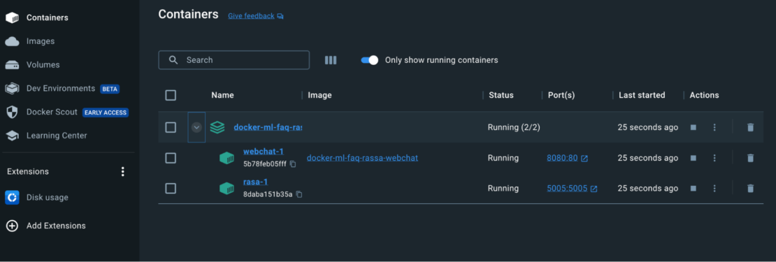 Screenshot showing running containers in docker dashboard.