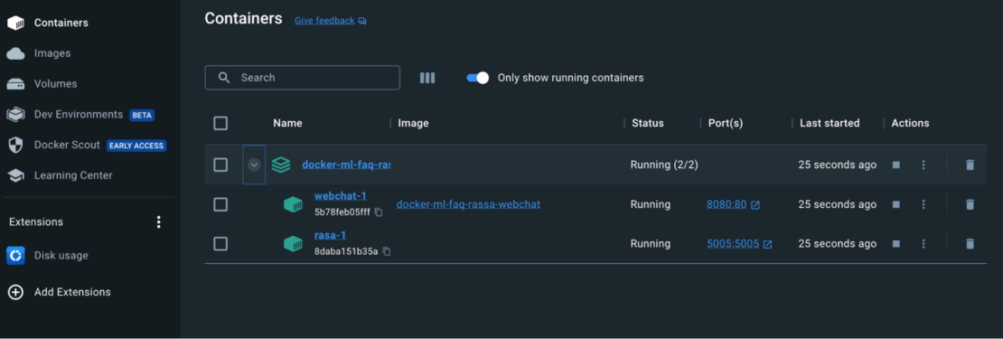 Screenshot showing running containers in Docker dashboard.