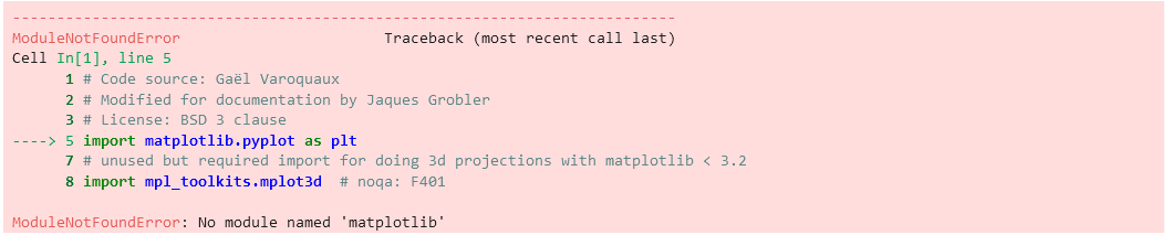 Screenshot showing error message "no module named matplotlib".