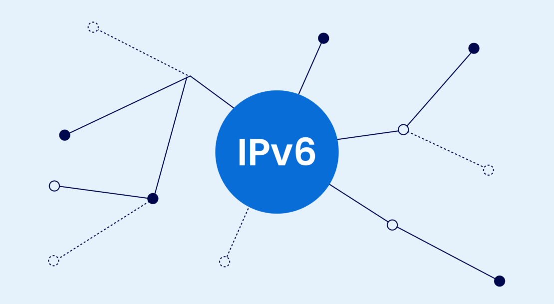 Graphic showing ipv6 text in blue circle with networking lines on light blue background