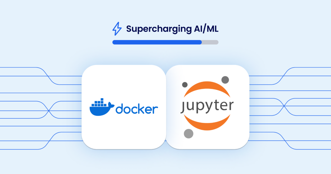 Docker and Jupyter logos shown on light blue background with intersecting darker blue lines