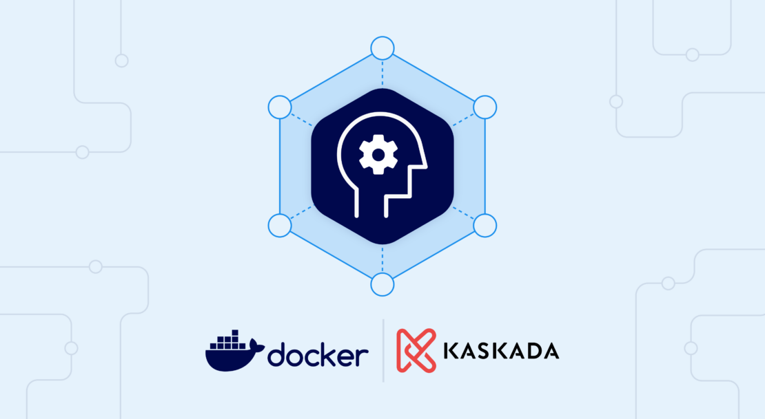 Stylized brain in hexagon on light blue background with docker and kaskada logos