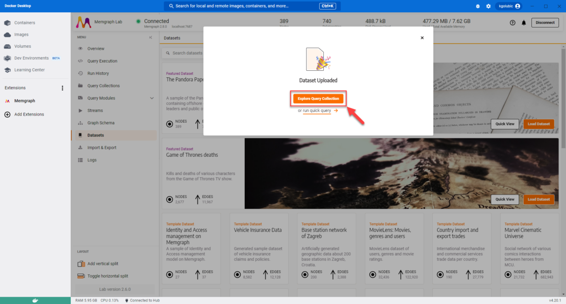 Screenshot of Docker Desktop showing orange button to Explore Query Collection.