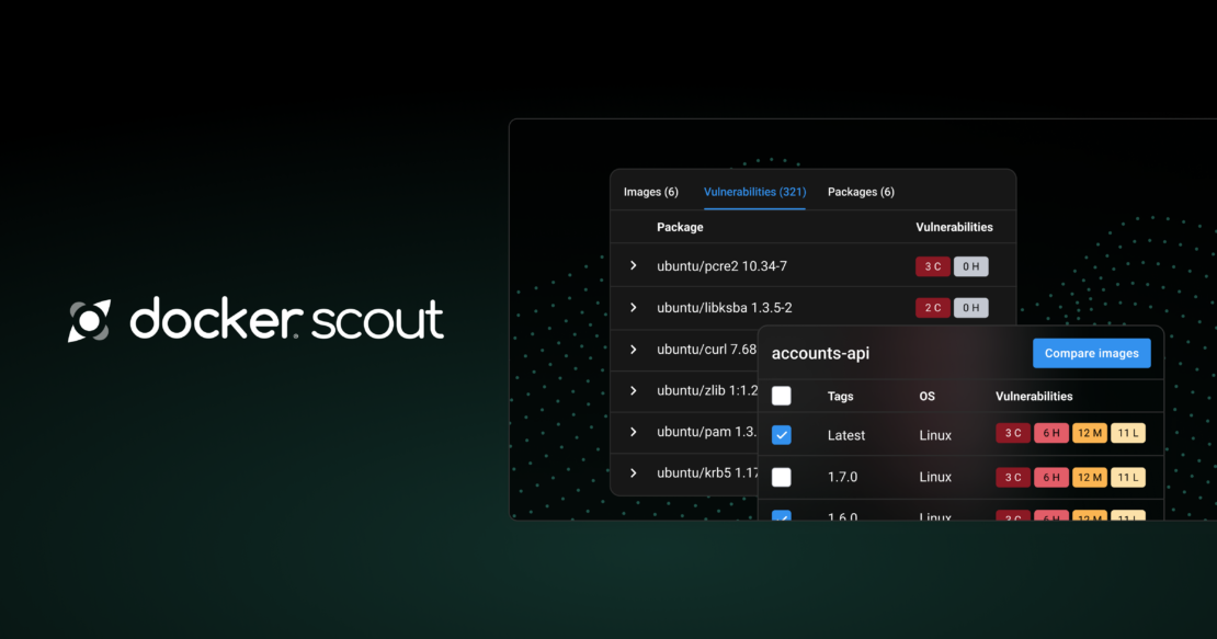Image showing docker scout logo and a preview of how vulnerabilities are displayed in docker scout