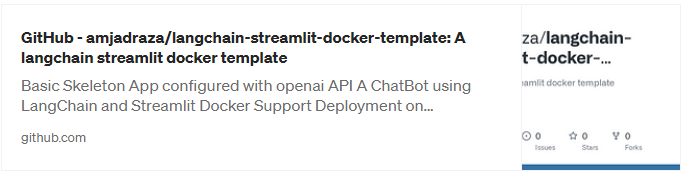 Image showing the project details on github. Basic skeleton app configured with openai api. A chatbot using langchain, streamlit and docker.