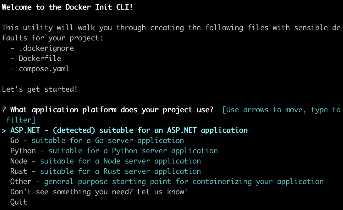 Docker init showing available languages, now including asp. Net.
