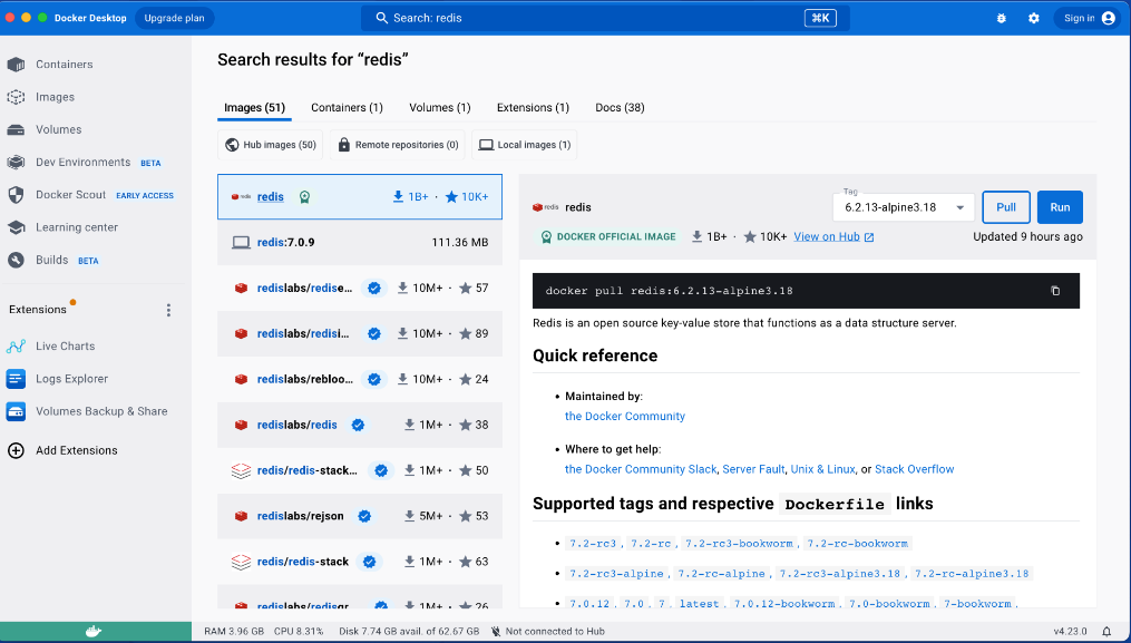 Search results with updated quick search within docker desktop 4. 23.