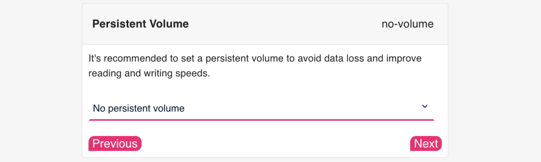 Persistent volume dialog box stating: "it's recommended to set a persistent volume to avoid data loss and improve reading and writing speeds. "