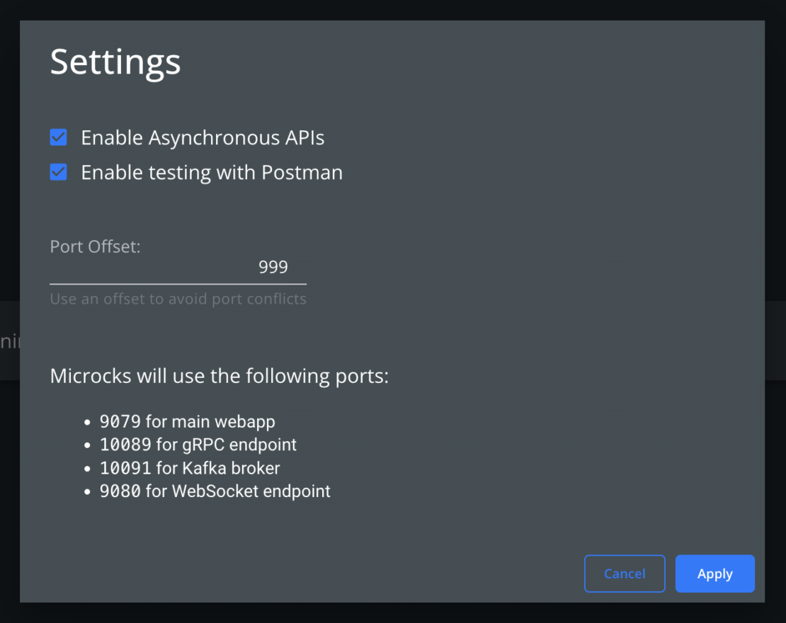 Screenshot of microcks settings panel showing "enable asynchronous apis" and "enable testing with postman" options.