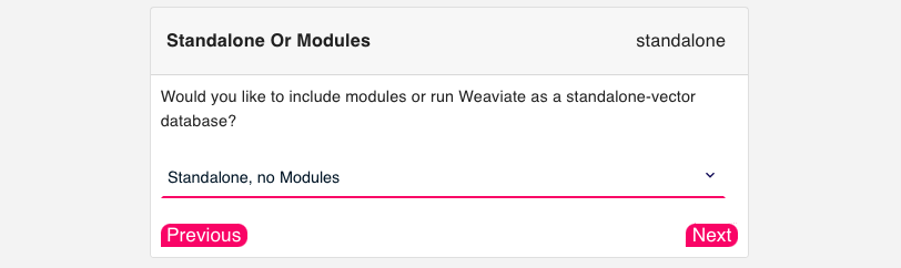 Dialog box asking: "would you like to include modules or run weaviate as a standalone vector database? "