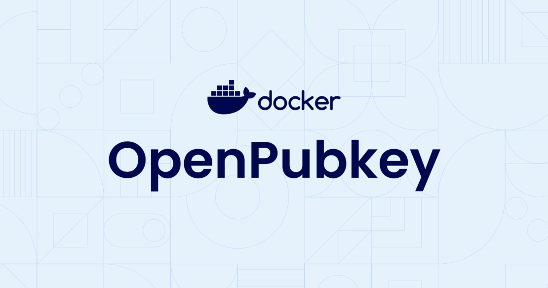 Dark blue text on light blue background reading OpenPubkey with Docker logo