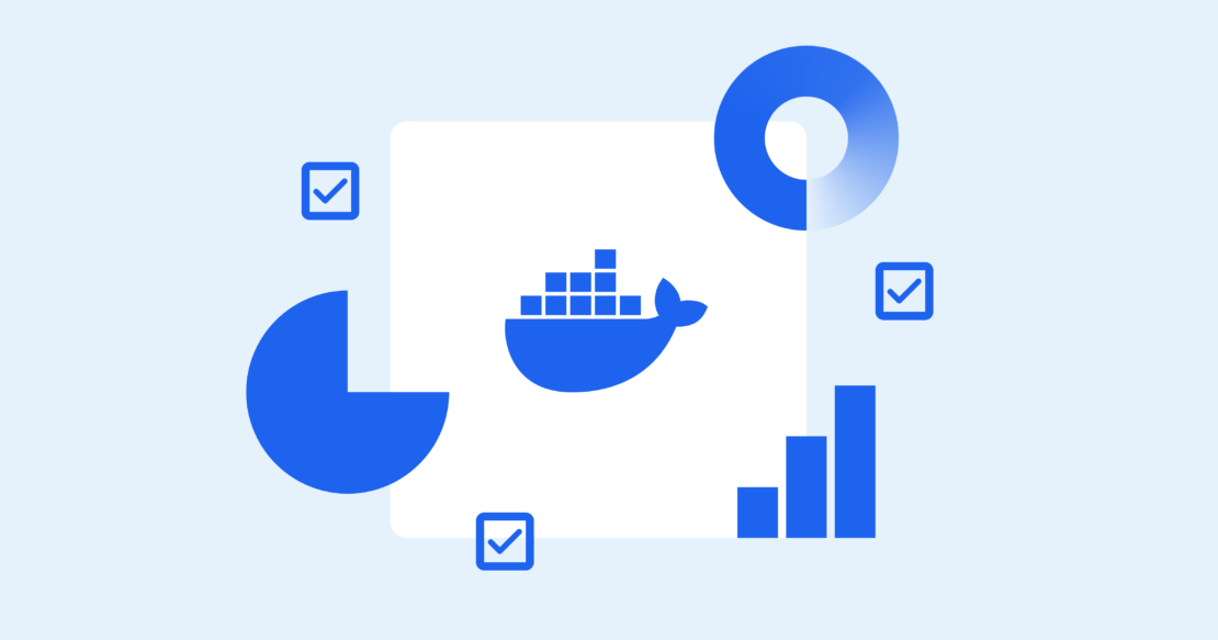 Docker logo in white box surrounded by simple chart and graph icons