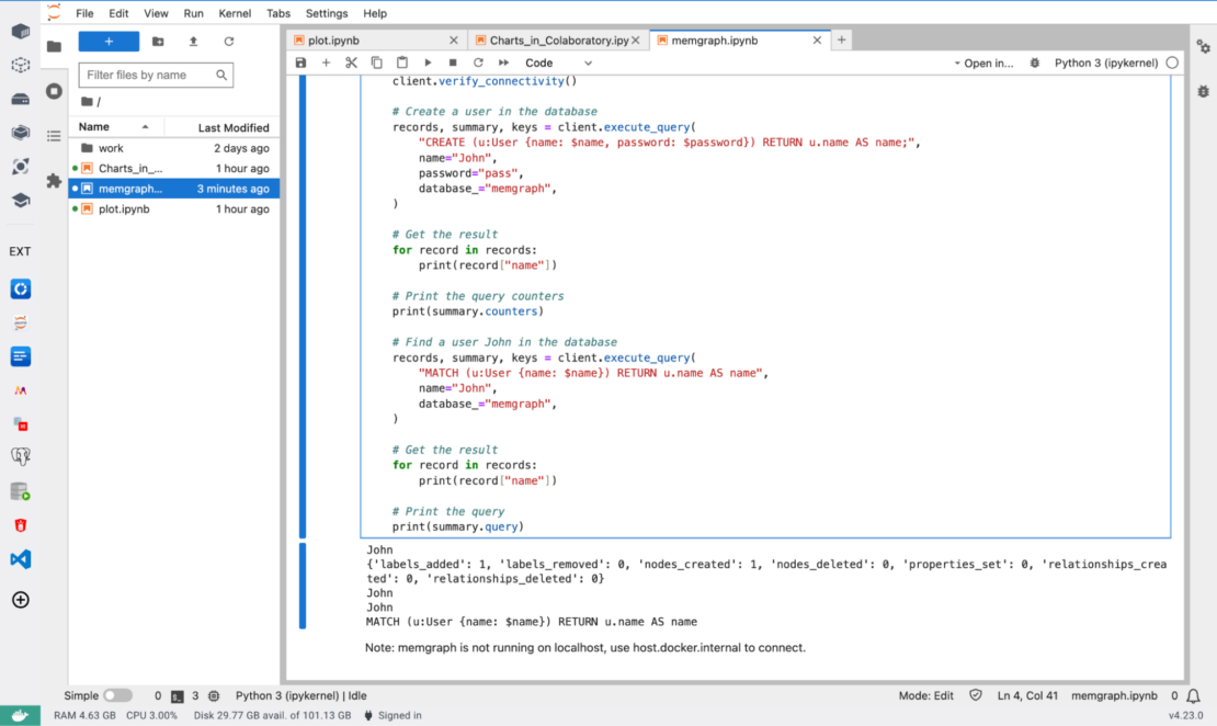 Screenshot showing memgraph extension selected on the left panel and code in the main panel.