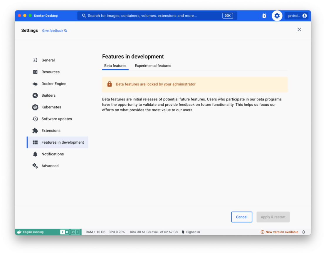 Screenshot of docker desktop showing "features in development" with beta features selected and a comment saying "beta features are locked by your administrator. "
